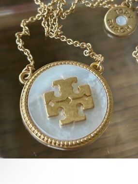 Tory Burch Mother of Pearl Logo Medallion Necklace